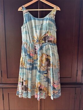 Boden Sleeveless Midi Dress in Light Blue with Yellow and Pink with Scenic Print